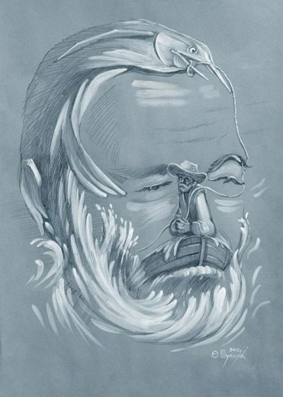 Ernest Hemingway, en una ilusión óptica de su novela El viejo y el mar