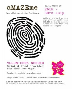 Cartel solicitando voluntarios para la realización del laberinto de libros