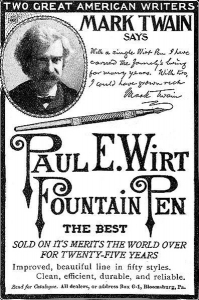 Un anuncio de estilográficas con la imagen de Mark Twain