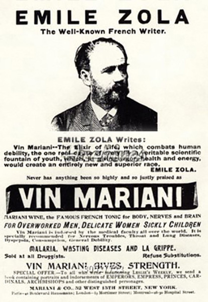 Emile Zola en un anuncio de Vin Mariani