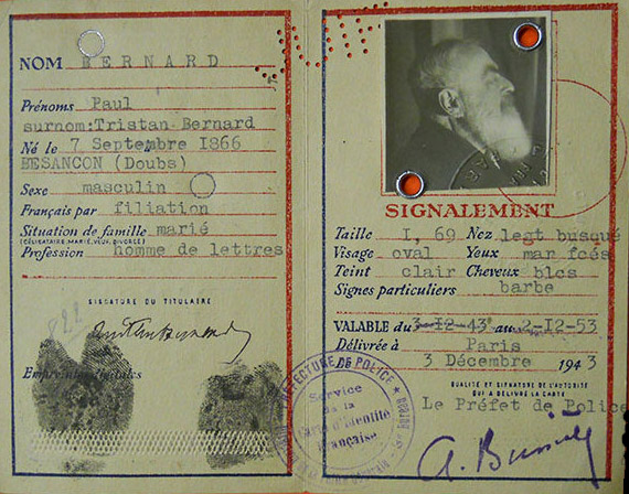 Tristán Bernard. Tarjeta de identificación francesa. 1943